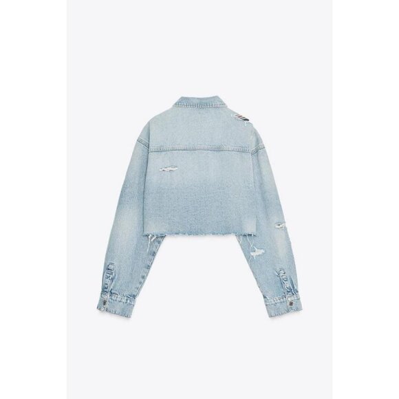 ZARA TRF RIPPED CROP DENIM OVERSHIRT - Picture 7 of 8